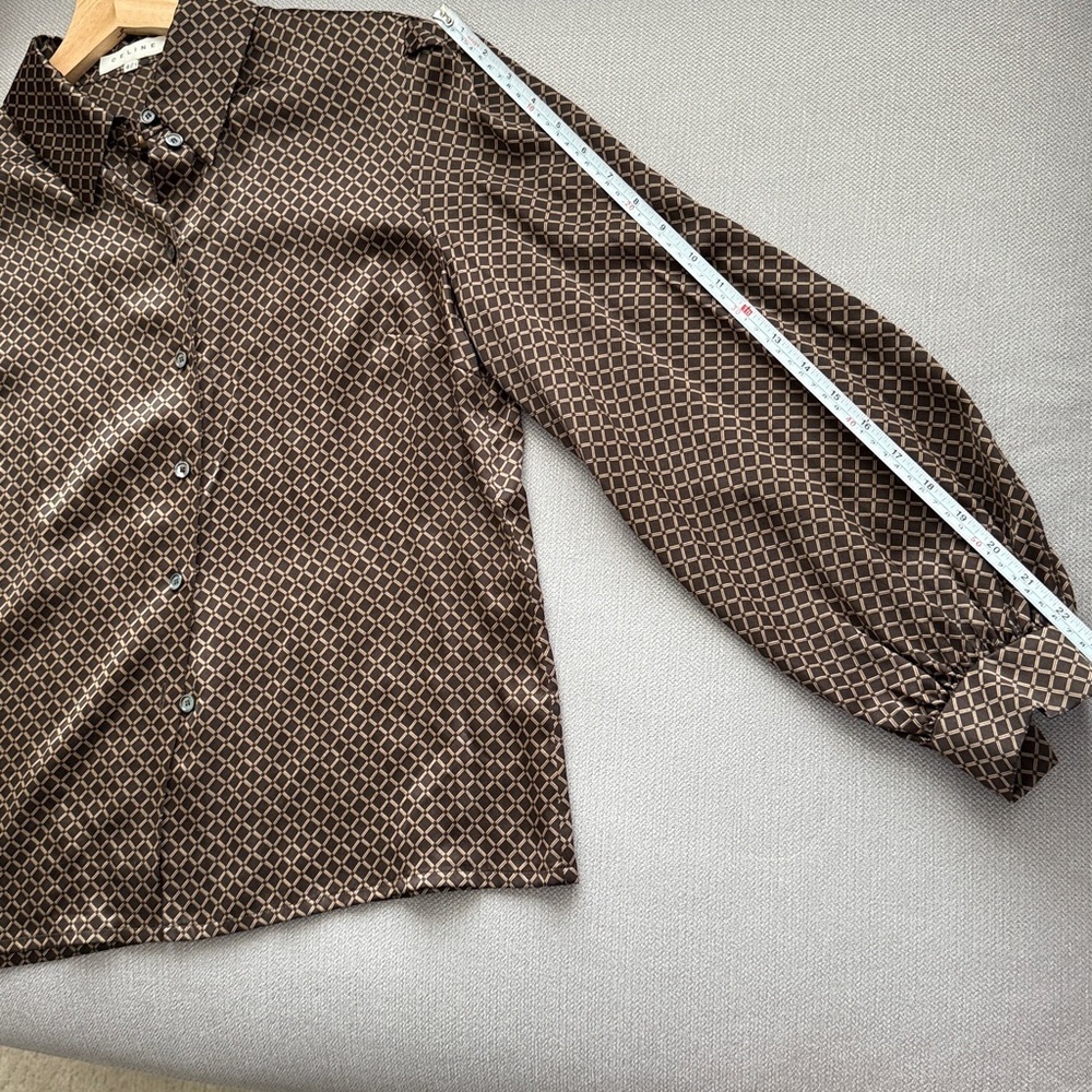 Vintage Celine Silk Tan Brown Patterned Button Down Shirt, Size 42 , US 10 - Picture 8 of 16